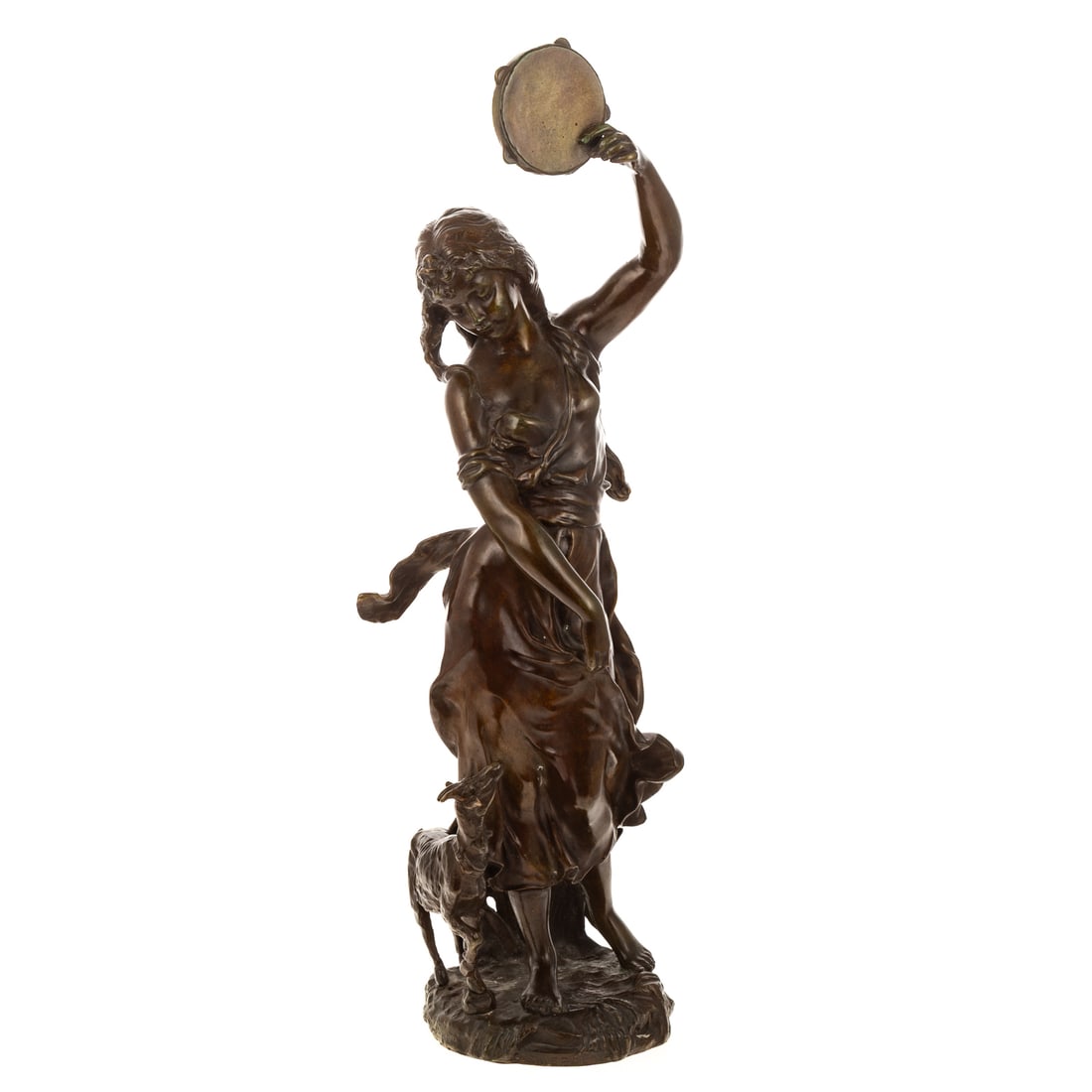 After Auguste Moreau. "Esmeralda," bronze: After Auguste Moreau (1834-1917) A bronze sculpture of "Esmeralda" holding and dancing with her tambourine next to a goat, marked "aug. Mureau" and titled on base "Esmeralda," approx. 20 3/4 in. H, 7