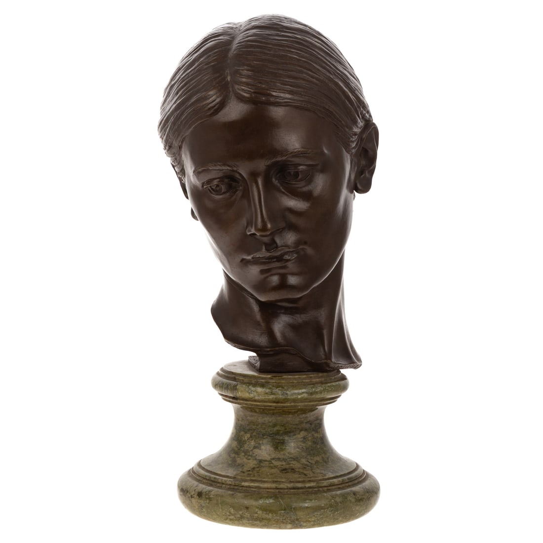 L.S. Merrifield. Female Bust, bronze: A bronze female bust, signed and dated "L.S. Merrifield. SC 1932," on green marble base, 16 1/2 in. H, approx. 7 1/2 in. W, approx. 8 in. D