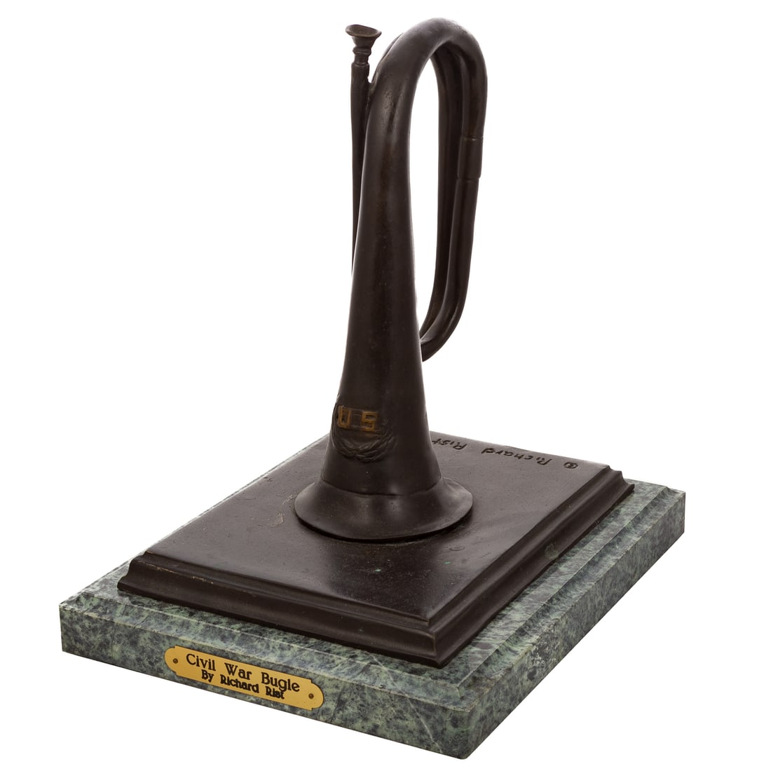 Richard Rist. "Civil War Bugle," bronze: Richard C Rist (Baltimore, 1961-2025) A bronze military bugle bronze titled "Civil War Bugle" sculpture on green marble base with a gold tone plaque with title and artist, signed and dated 2007 on
