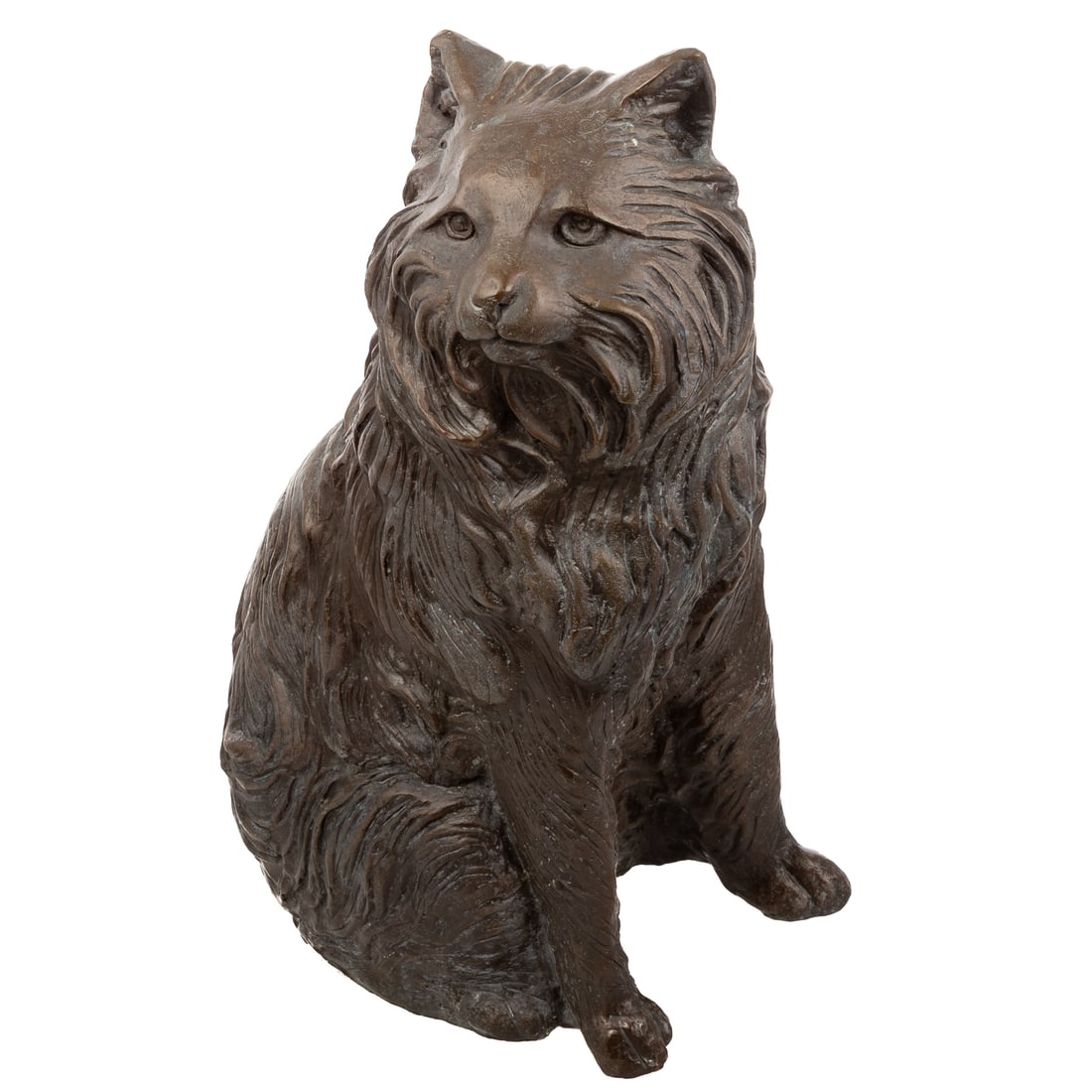 A Seated Cat Bronze: A hallow cast bronze cat figure (meant to sit on edge so tail can hang over), approx. 22 1/2 in. H, 12 in. W, approx. 17 1/2 in. D
