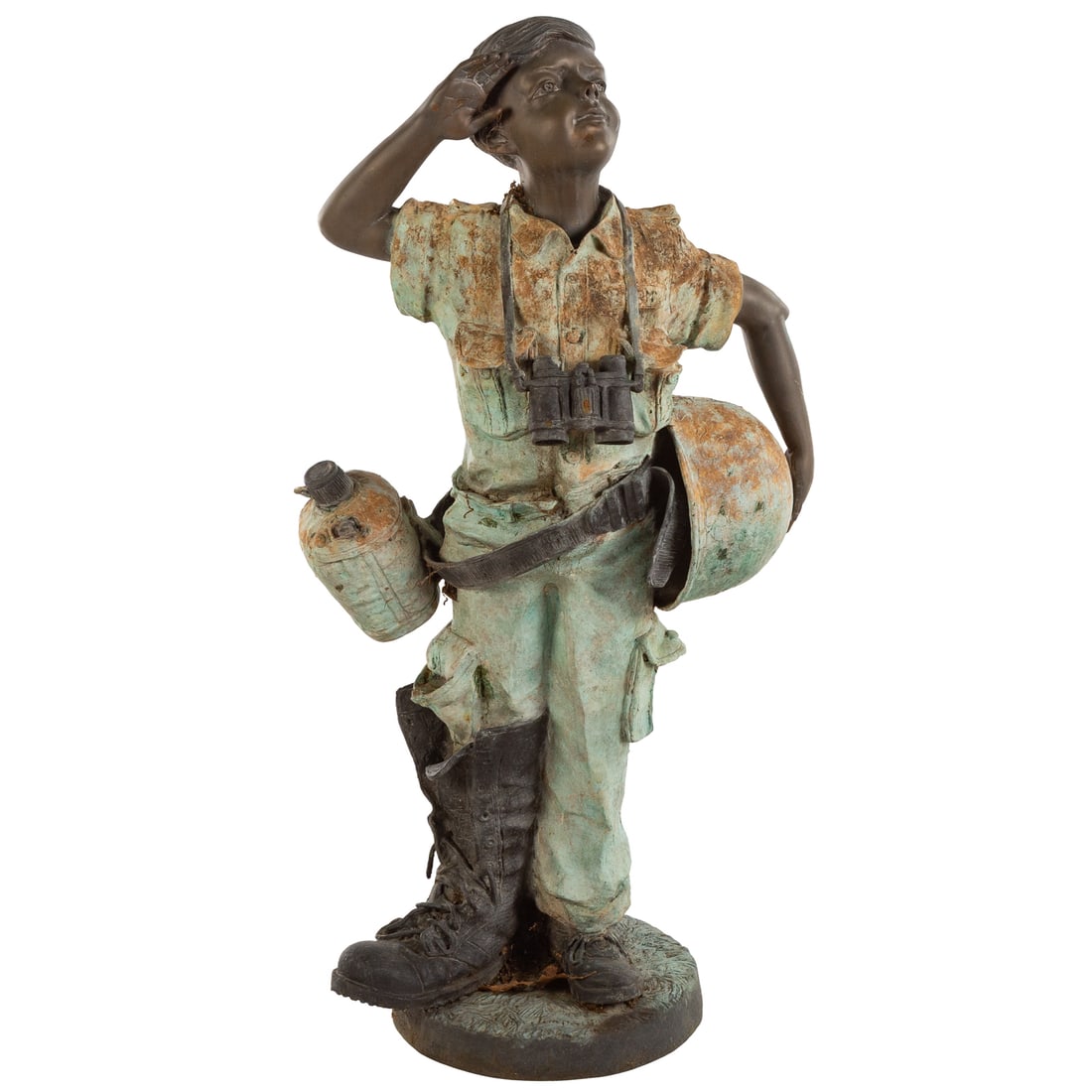 Jim Davidson. "Soldier Boy," bronze: A life size cast bronze with verdigris green patina of a young boy saluting holding an army helmet and wearing one boot, approx. 40 in. H, 20 in. W