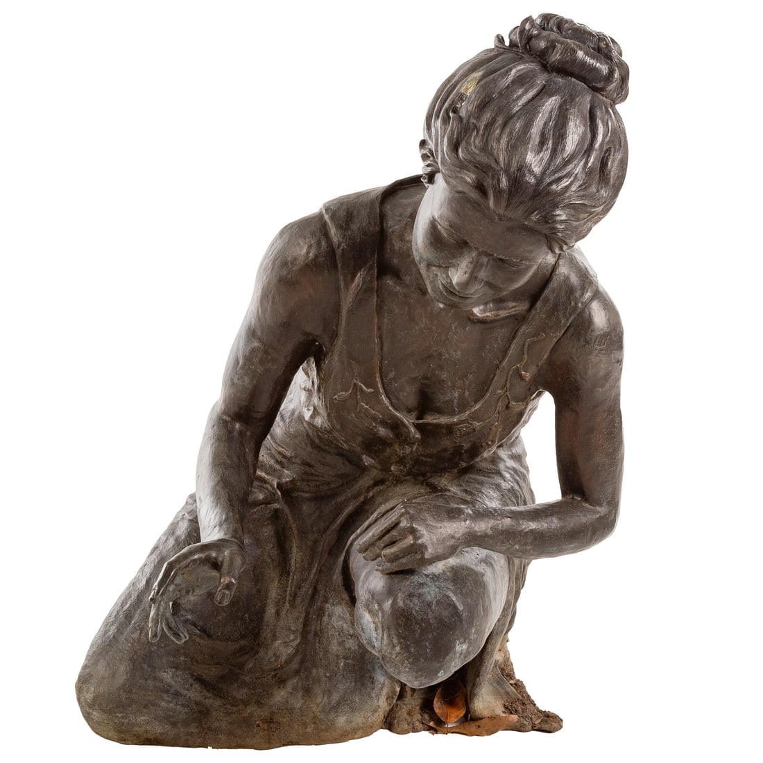 A Kneeling Woman Bronze Statue: A large hallow cast bronze sculpture of a kneeling woman, unsigned, 34 1/2 in. H, 25 1/2 in. W, 34 in. D