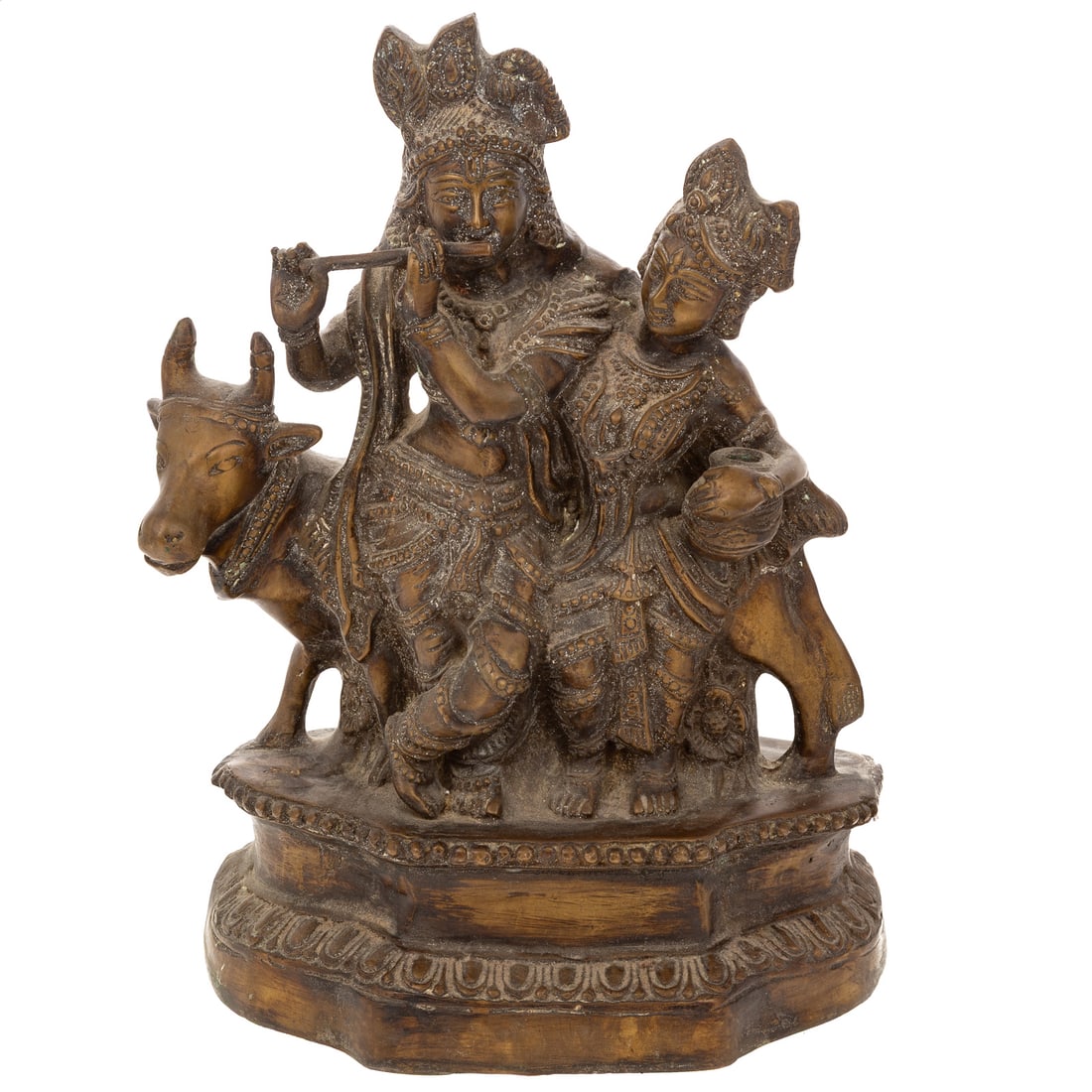 A Hindu Radha & Krishna Figural Group: A metal figural group of Radha and Krishna with a cow depicting Krisna playing a flute, unmarked, 14 1/2 in. H, 10 in. W, 5 3/4 in. D