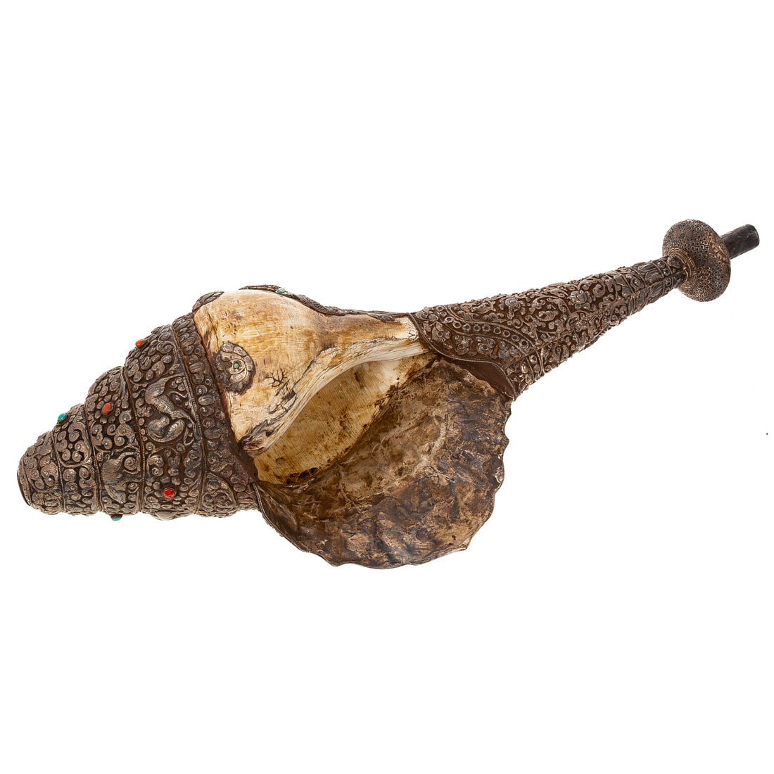 A Tibetan Silver Mounted Conch Shell "Dungkar" (1 of 4)