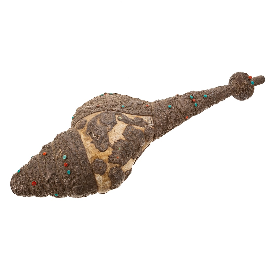 A Tibetan Silver Mounted Conch Shell "Dungkar" - 4