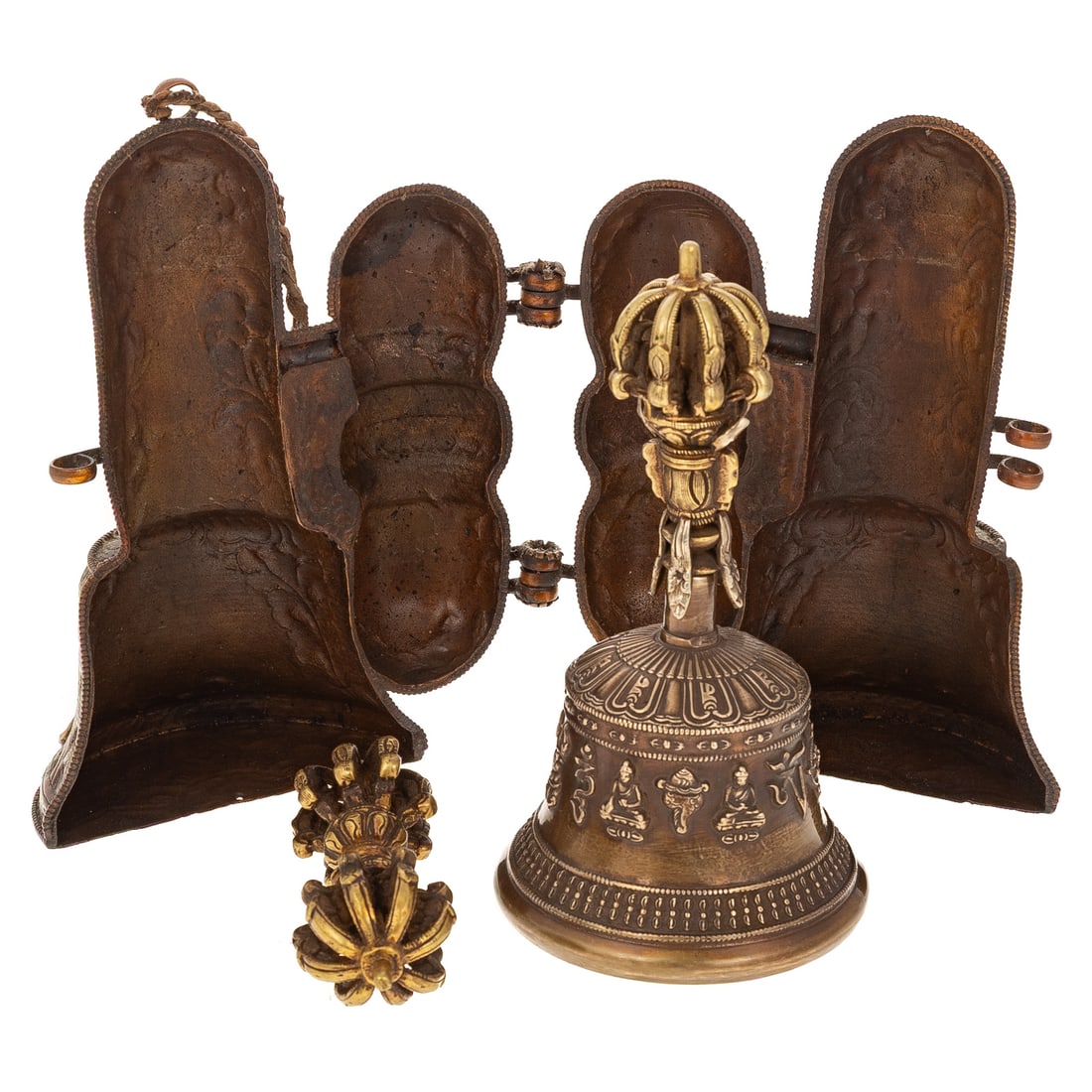 A Tibetan Cased Vajra Bell & Dorje Set: Includes a Dorje (scepter) and Vajra bell decorated with high relief mantras and deity handle, in case. Dorje: approx. 4 1/2 in. L, vajra bell: 7 in. H