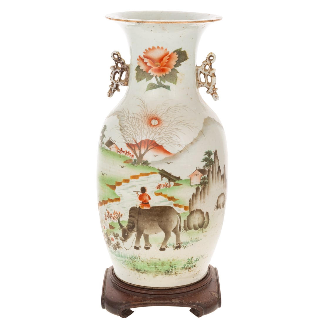 A Chinese Porcelain Vase: A Chinese porcelain vase with dual handles, depicting a figure riding ox and playing a flute in a landscape, on the other side script, includes wooden stand, 16 1/2 in. H, approx. 8 in. Diam.