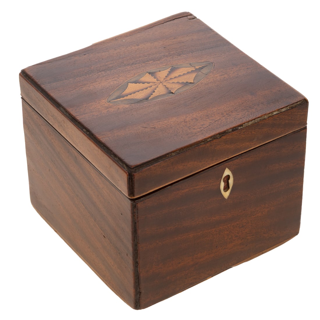 A Georgian Style Inlaid Tea Caddy: 19th century, a Georgian style square tea caddy with oval paterae inlay, with false key hole, 4 1/4 in. H, 5 in. W, 5 in. D Provenance: From a private Delaware estate/collector