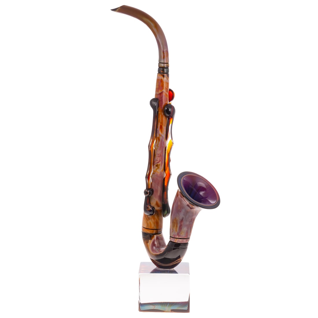 A Dino Rosin Art Glass Saxophone: Dino Rosin (Italy, b. 1948) A clear and calcedonia art glass Saxophone, etched signature on base, includes "L'Arte Dei Rosin The Rosin Art Sculpture in Vetro Glass Sculpture" book and letter of estima