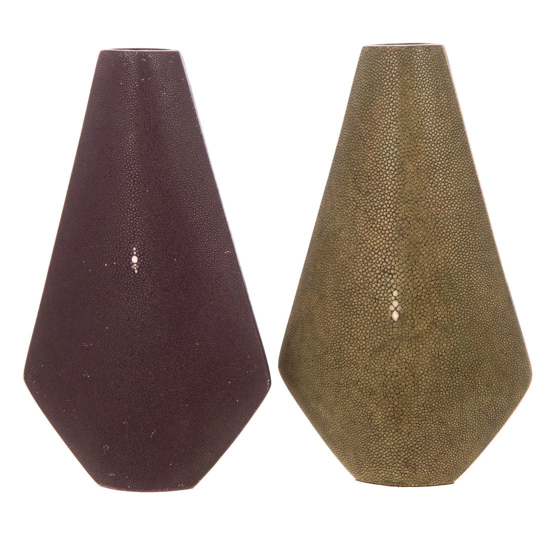 Two R&Y Augousti Shagreen Geometric Vases: (Paris, late 20th century) A purple and a green Shagreen and fiberglass in a faceted teardrop form vases, approx. 10 in. H, 6 in. W, approx. 1 1/4 in. D