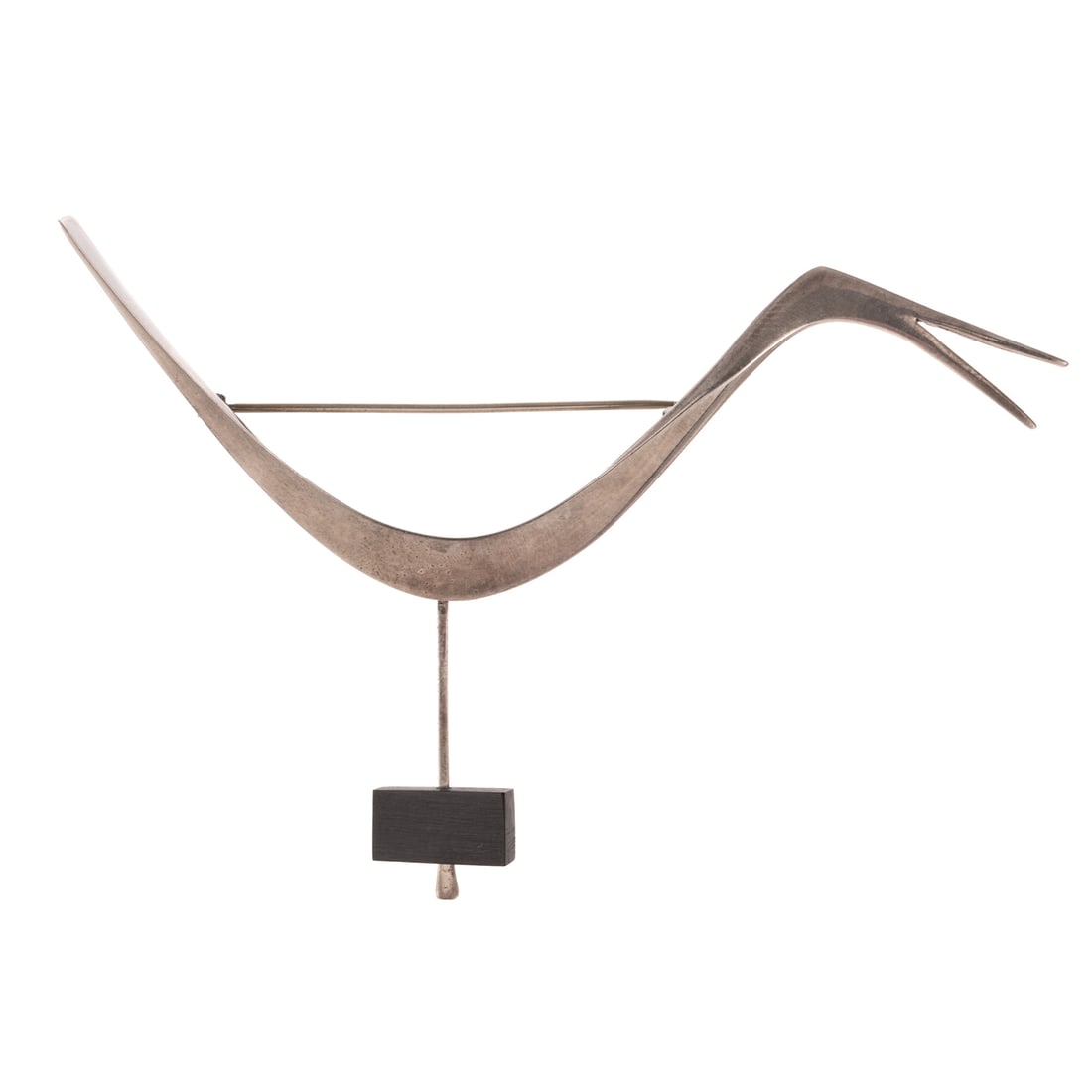 A Betty Cooke Bird Brooch in Sterling Silver: Sterling silver bird brooch by Betty Cooke (1924 - 2024), Baltimore, MD featuring a forged body above a wire terminating in a rectangular "piano key," signed, 3 3/4 in. L, 7.5 grams Provenance: From t