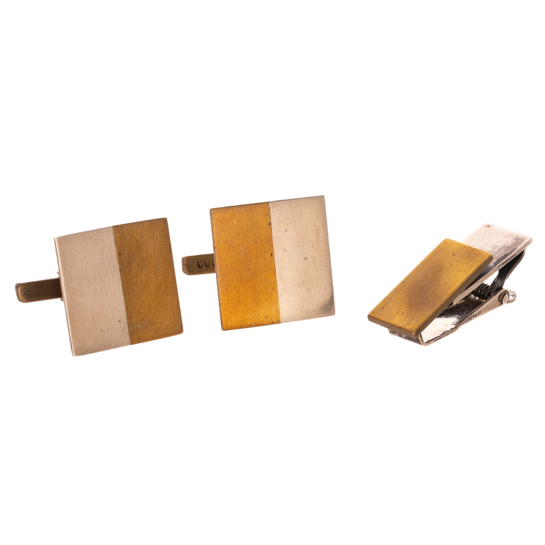 A Betty Cooke Tie Bar & Cufflinks in Sterling Silver & Brass: 1) Sterling silver and brass square cufflinks by Betty Cooke (1924 - 2024), Baltimore, MD, half sterling and half brass, matte finish, swivel bar closure, signed, 3/4 in. sq., and 2) Sterling silver a