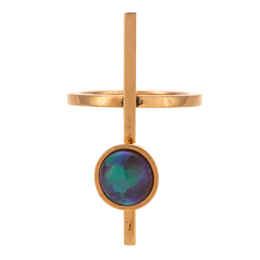 A Betty Cooke Opal Ring in 14K: 14K yellow gold ring by Betty Cooke (1924 - 2024), Baltimore, MD featuring an 8.5 mm round black opal with strong blue and green play of color, bezel set on a high polish vertical bar, signed, sz 6.5,