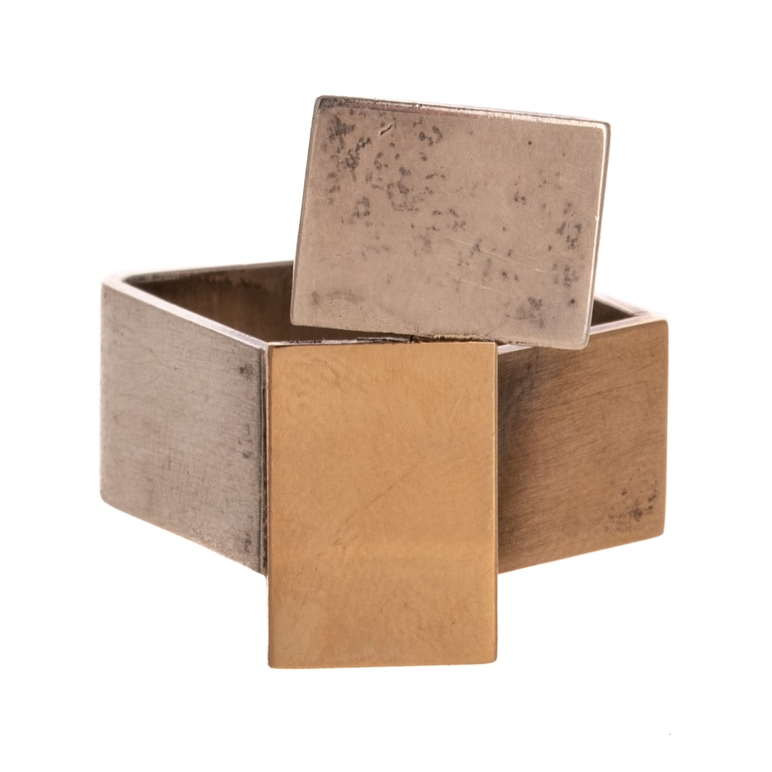 A Betty Cooke Geometric Ring in 14K & Sterling Silver: 14K yellow gold and sterling silver ring by Betty Cooke (1924 - 2024), Baltimore, MD designed with overlapping high polish rectangles with a squared off band, signed, approx. sz 7.5, 9.1 grams Provena