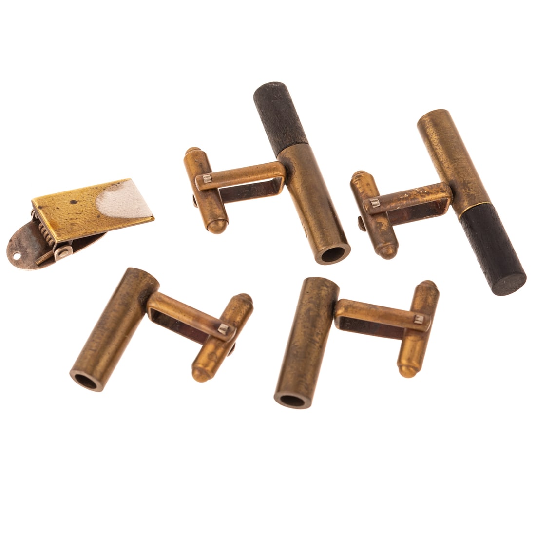 A Collection of Early Betty Cooke Jewelry in Sterling Silver & Brass: 1) Sterling silver and brass tie tack by Betty Cooke (1924 - 2024), Baltimore, MD signed, 3/4 in. L, and 2) Two pairs of sterling silver cufflinks by Betty Cooke (1924 - 2024), Baltimore, MD one pair 