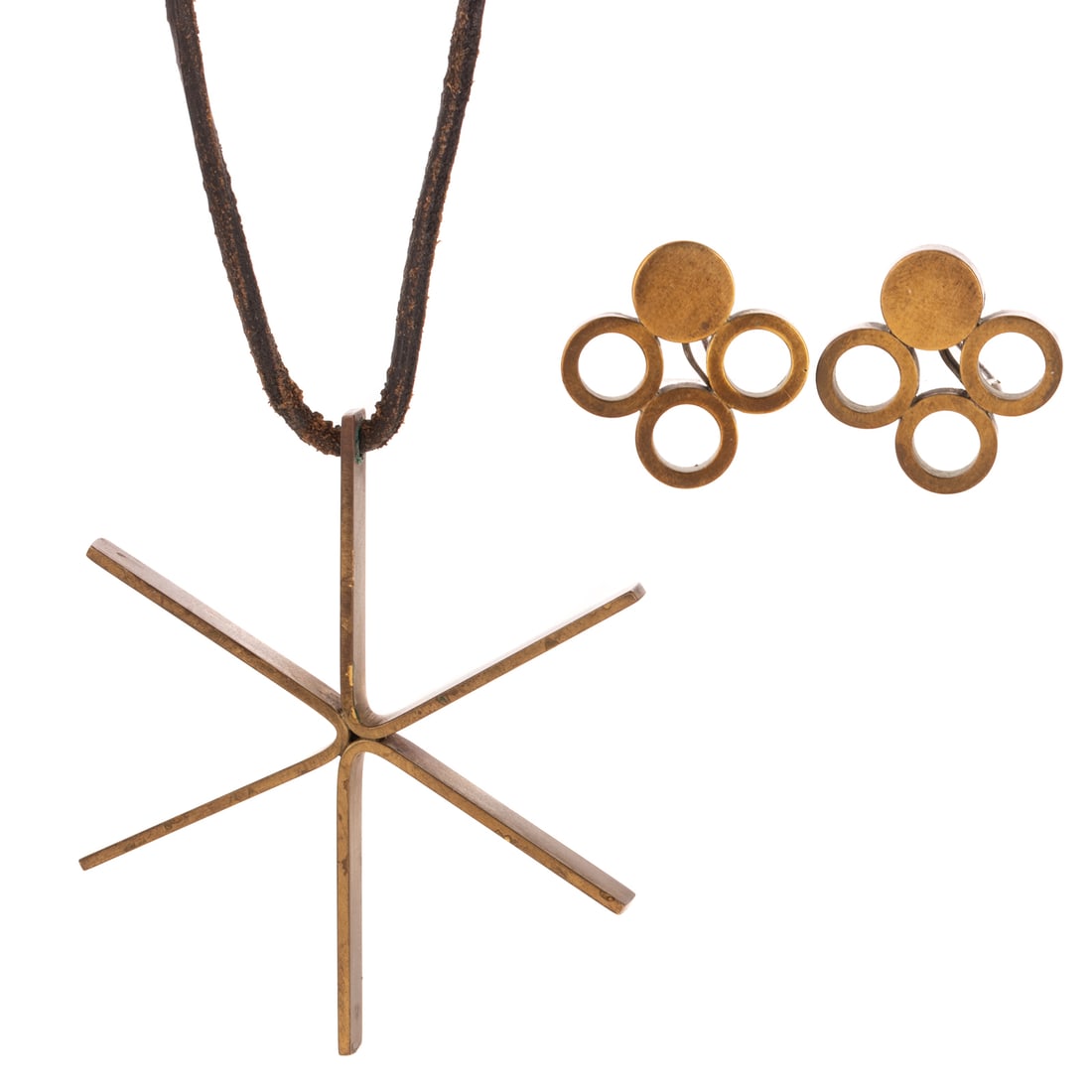 An Early Betty Cooke Pendant & Ear Clips in Brass (1 of 3)