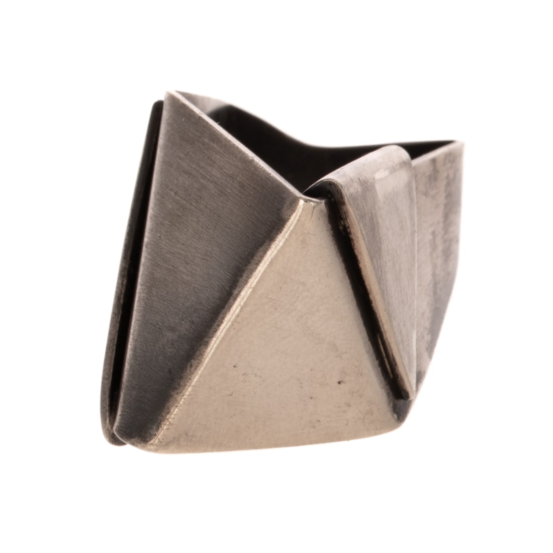 An Early Betty Cooke Handkerchief Ring in Sterling Silver: Sterling silver ring by Betty Cooke (1924 - 2024), Baltimore, MD designed with folding high polish and matted finish metal in handkerchief with square shank, signed, approx. sz 5, 14.2 gams Provenance