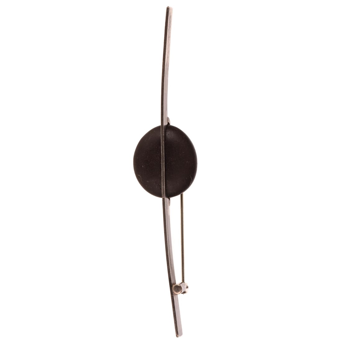 A Betty Cooke Pebble Brooch in Sterling Silver: Sterling silver stone pebble curved brooch by Betty Cooke (1924 - 2024), Baltimore, MD featuring a central polished stone supported in bisecting high polish forged line, signed with early etched signa