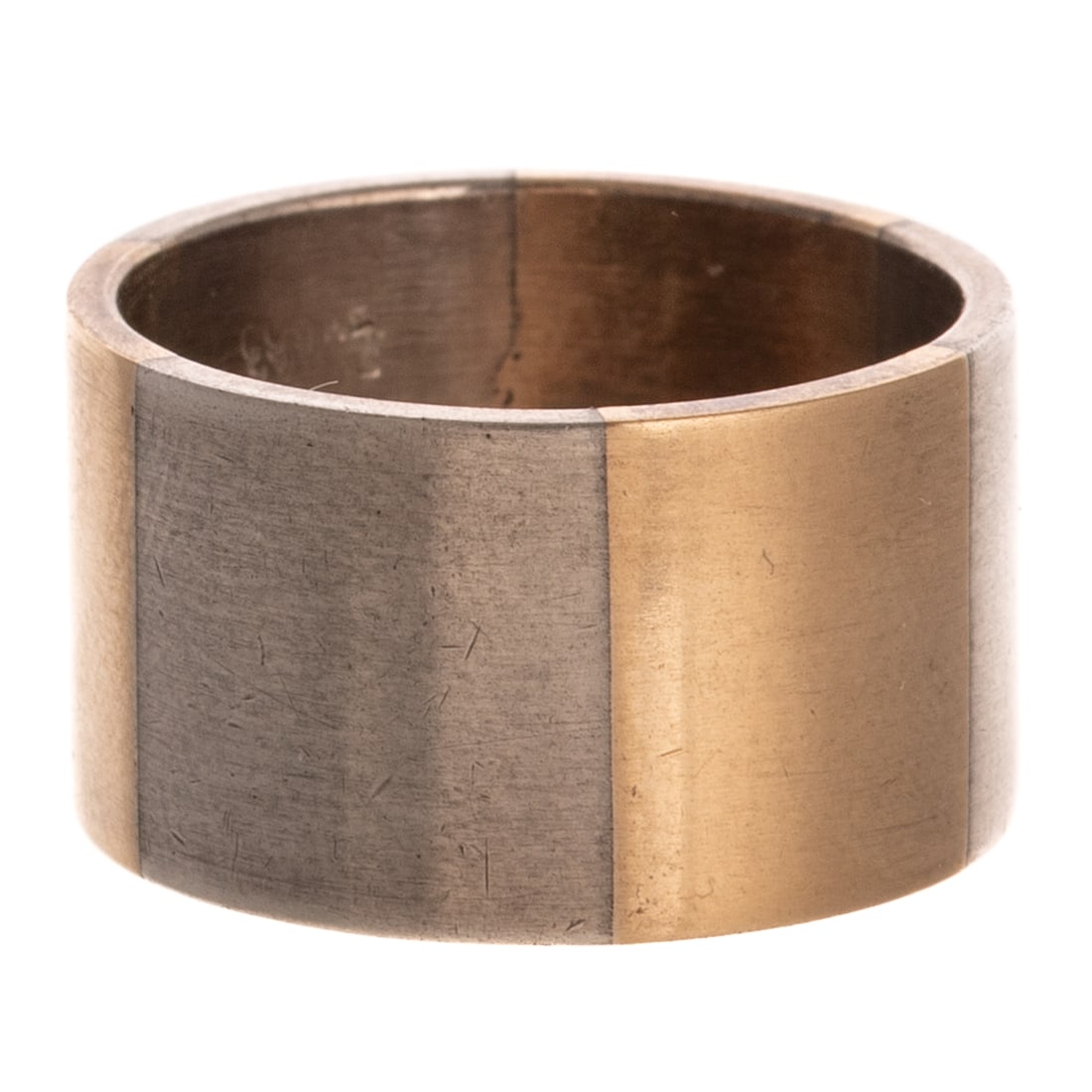 A Betty Cooke Wide Band in 14K & Sterling Silver: 14K yellow gold and sterling silver wide band by Betty Cooke (1924 - 2024), Baltimore, MD designed with alternating rectangles of matte finish gold and silver, 11.5 mm W, signed, sz 7.5, 10.3 grams Pr
