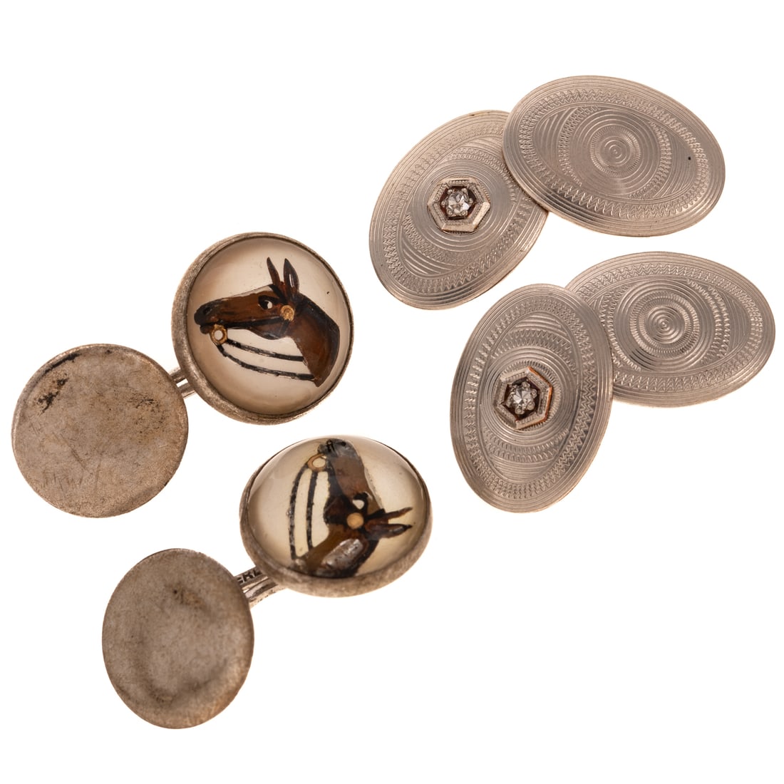 Two Pairs of Cufflinks, Essex Crystal & Diamond in 14K & Sterling Silver: 1) Vintage 14K yellow gold double sided cufflinks of oval form with platinum tops and engine turn designs, two ovals with a round diamond accent bead set, 5/8 in. L, and 2) Sterling silver cufflinks w