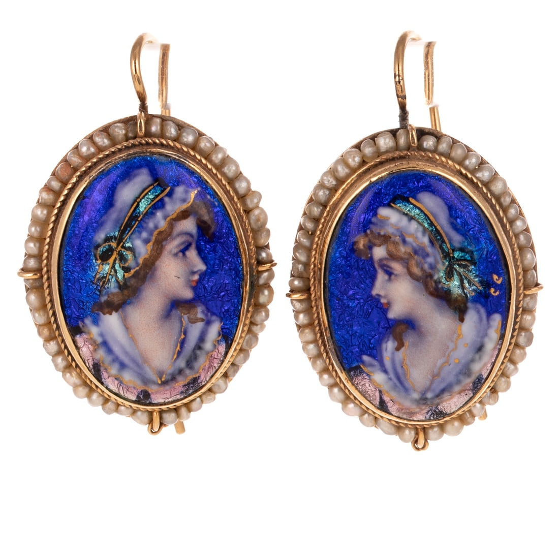 A Pair of French Enamel & Pearl Earrings in 14K: Vintage 14K yellow gold French earrings with foil back enamel on copper depicting ladies in profile, bezel set with rope border and seed pearl halo, hook backs, 1 1/8 in. L, 7.4 grams
