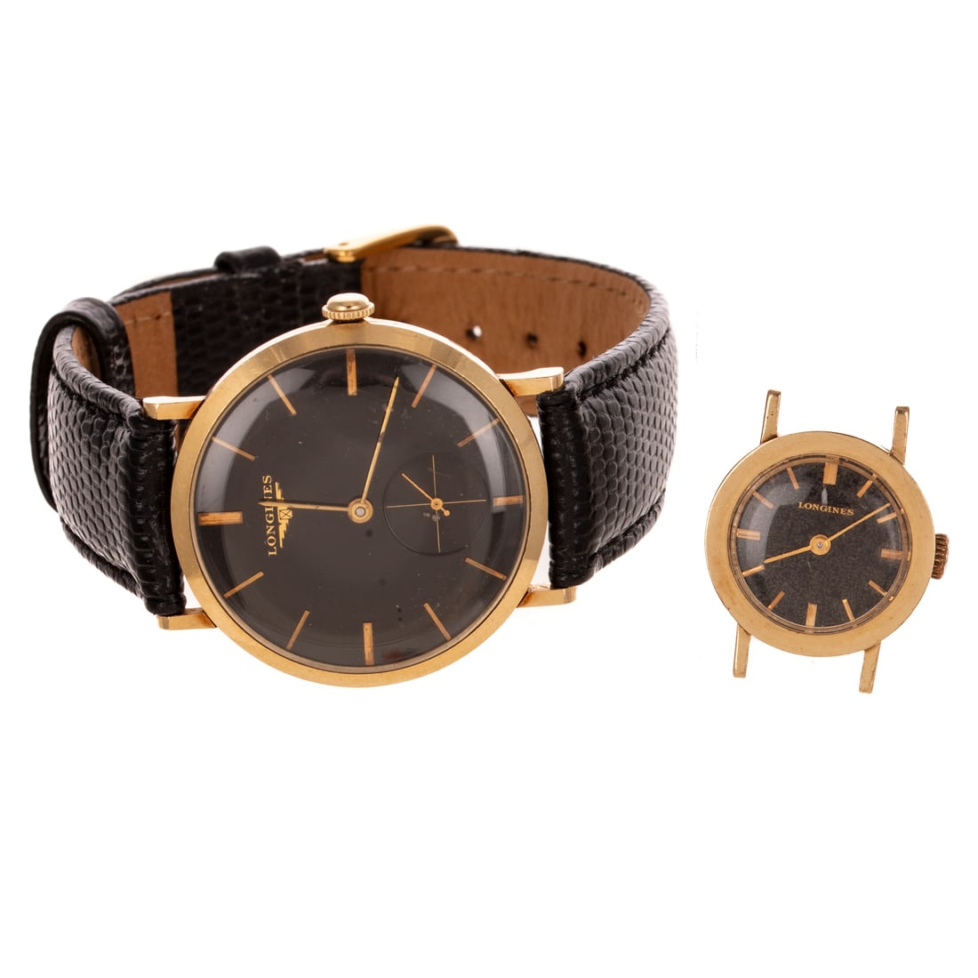 A Vintage Longines Wristwatch & Case in 14K: 1) Vintage 14K yellow gold Longines wristwatch with black dial, stick indices and second hand subdial, 34 mm, mechanical movement, black leather strap, and 2) Vintage 14K yellow gold Longines watch ca