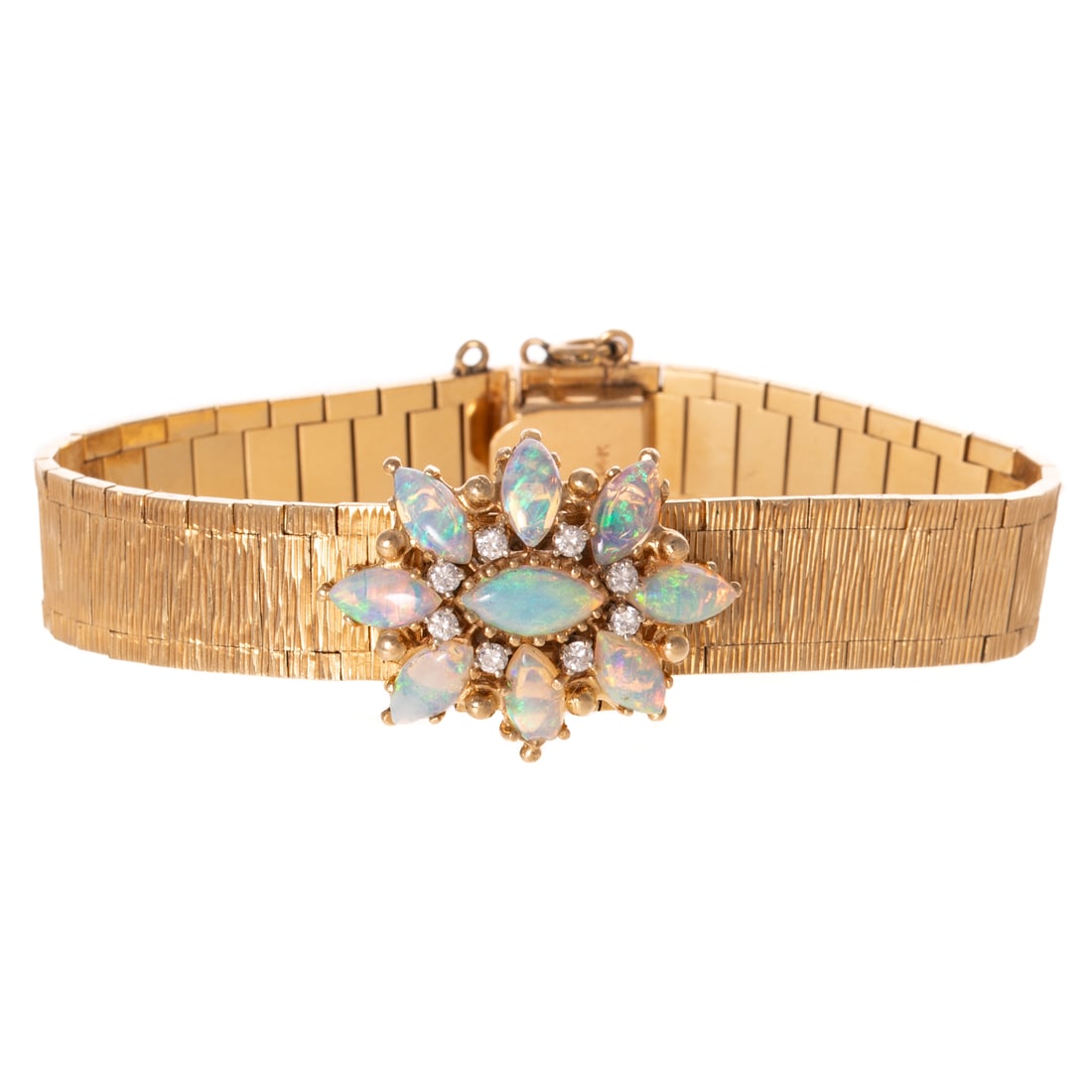 A Covered Opal & Diamond Watch in 14K: 14K yellow gold covered wrist watch by Geneve featuring eight well matched marquise opals with strong blue, green and orange play of color and diamond accents weighing approx. 0.20 ctw, textured link