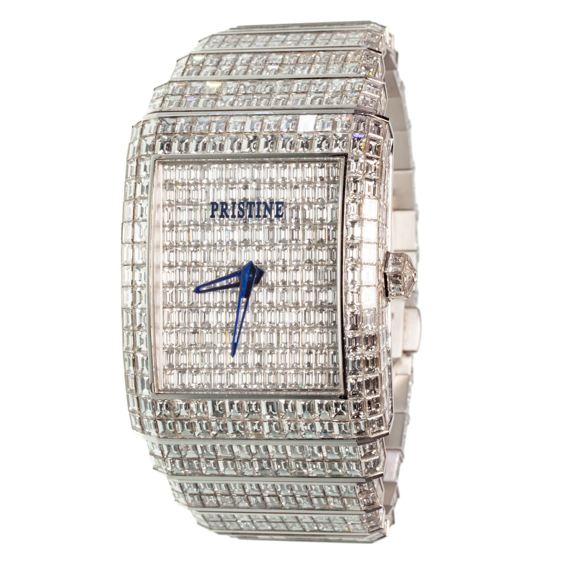 A 97.00 ctw Diamond Chandelier Watch By Pristine in 18K: 18K white gold Chandelier wristwatch by Pristine, edition 6 of 18, featuring a Geneve, Swiss made automatic movement, the dial, bezel, and bracelet covered by well-matched baguette diamonds weighing a