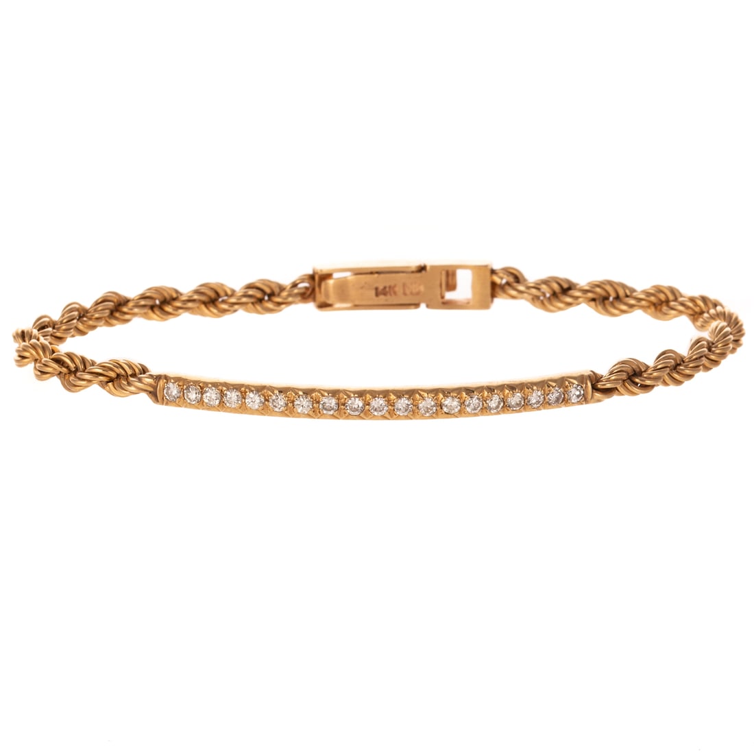 A Hammerman Brothers Diamond Bar Bracelet in 14K: 14K yellow gold bracelet by Hammerman Brothers featuring well matched round diamonds weighing approx. 0.75 ctw bead set in a curved bar with a rope chain in back of bracelet, fold over clasp, signed