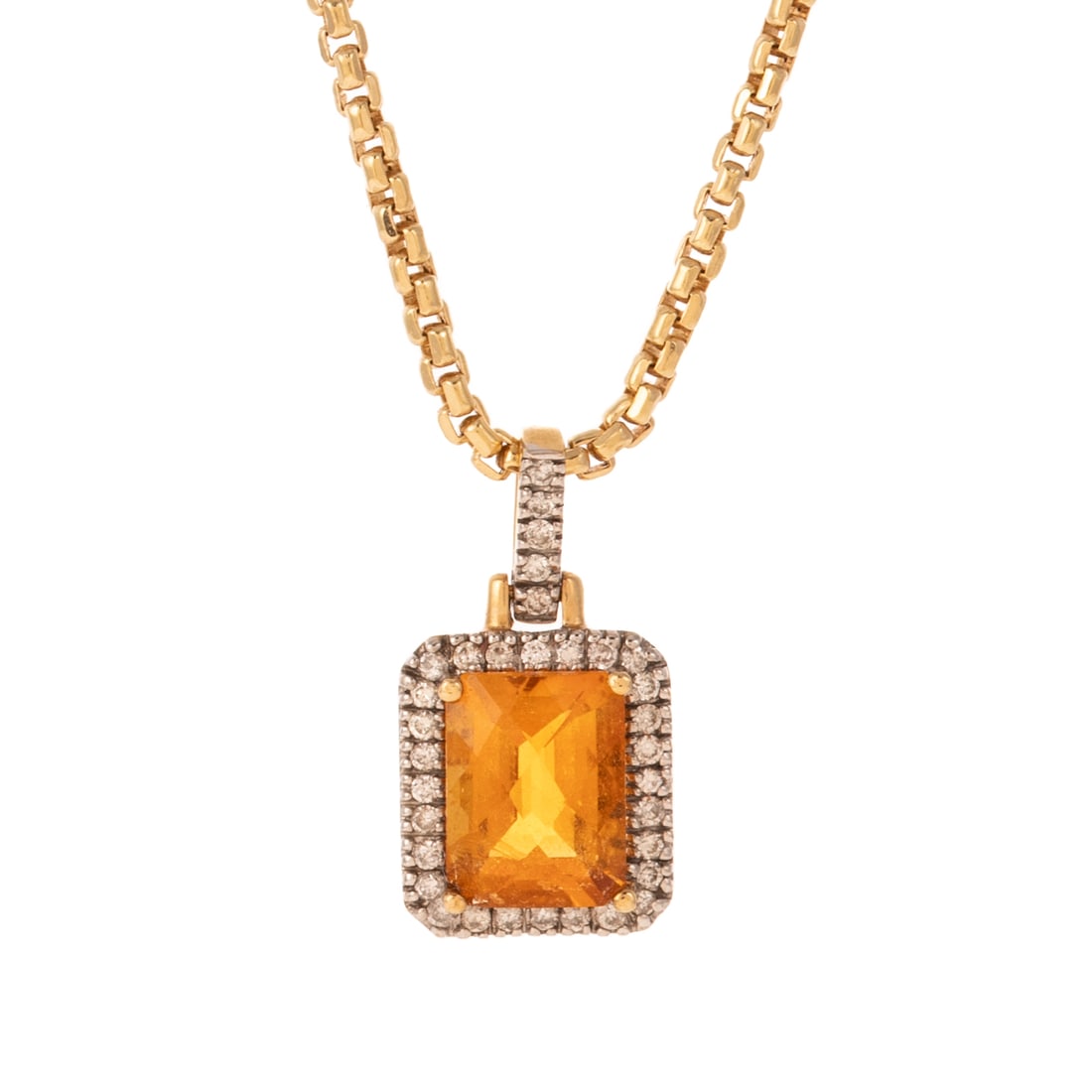 A Citrine & Diamond Pendant & Chain in 14K: 14K yellow gold pendant featuring a checkerboard cut citrine with diamond halo and bail, hanging on 14K yellow gold square rolo chain with lobster clasp, 24 in. L, pendant 3/4 in. L, 7.8 grams