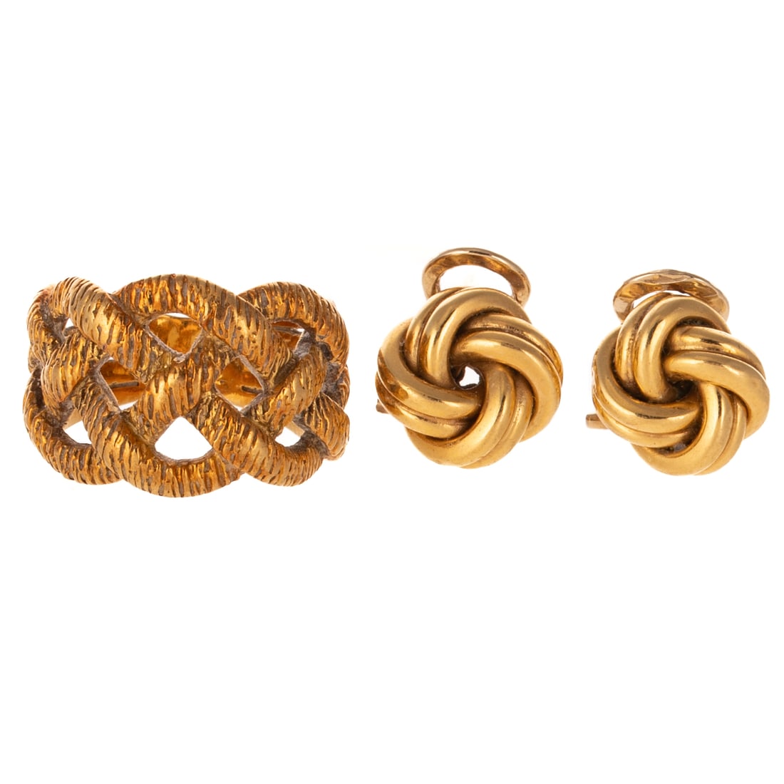 A Braided Band & Knot Earrings in 18K: 1) 18K yellow gold Italian braided band with textured finish, sz 4.5, and 2) 18K yellow gold knot earrings with posts and Omega backs, 3/8 in. L, 13.1 grams tw Provenance: From a Baltimore estate
