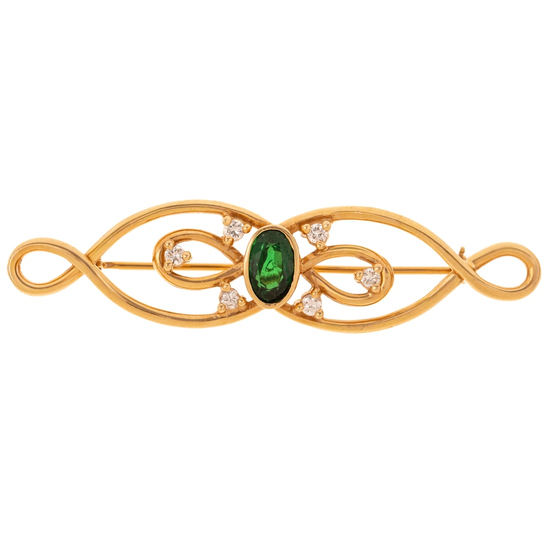 A Green Tourmaline & Diamond Brooch in 14K: 14K yellow gold twisted ribbon brooch featuring an oval green tourmaline measuring 4.5 x 7.25 mm with diamond accents, 2 in. L, signed Stuller, 5.9 grams Provenance: From a Baltimore estate