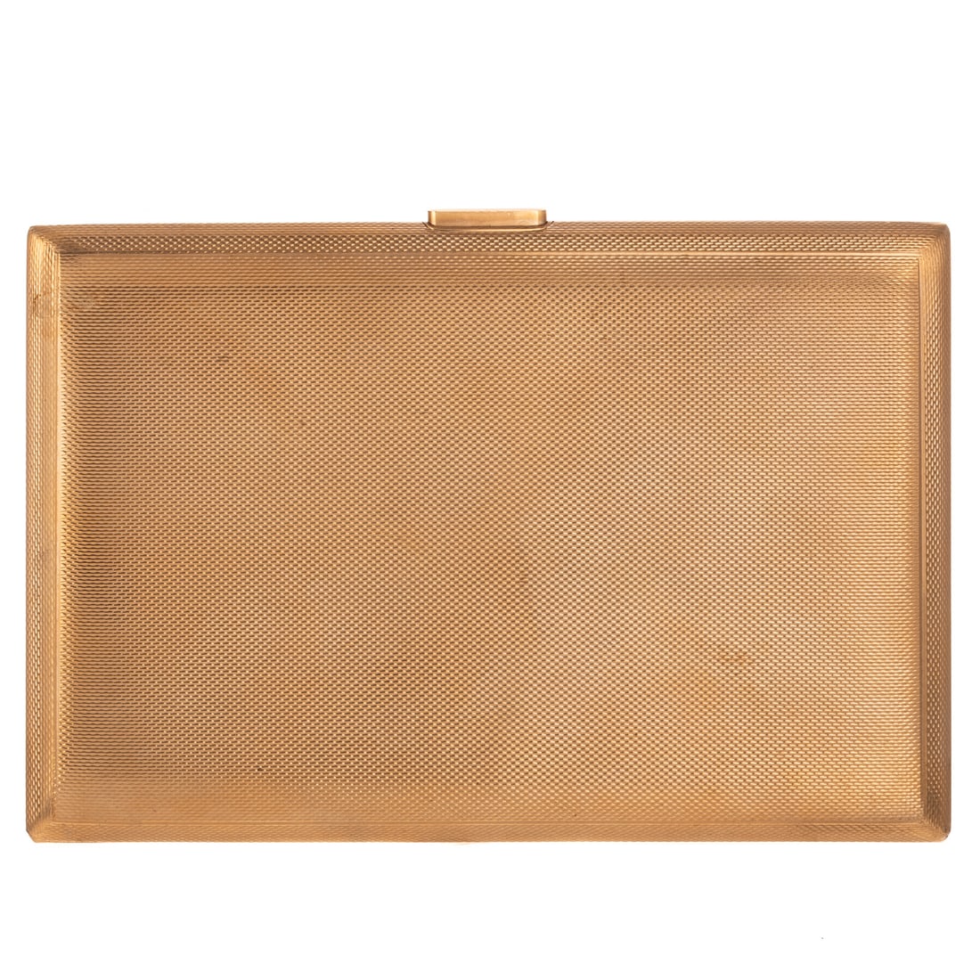 A Garrard & Co Cigarette Case in 9K: 9K yellow gold hinged cigarette case by Garrard & Co, London, England, with engine turned decoration front and back, original double row spring for holding cigarettes, signed, 5 1/4 x 3 3/8 in.,