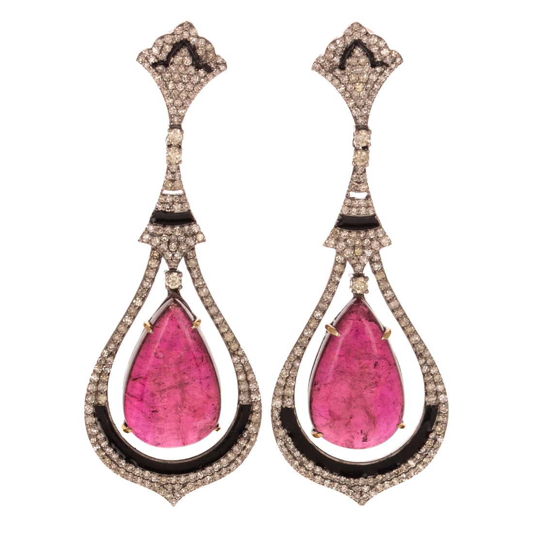 A Pair of Tourmaline, Diamond & Enamel Earrings in Sterling Silver (1 of 3)
