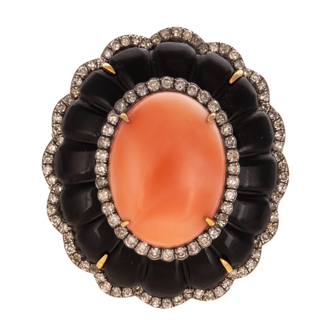 A Pink Opal & Black Onyx Ring in Sterling Silver: Sterling silver ring featuring an oval pink opal cabochon measuring 15.9 x 11.9 mm prong set in the center of a carved scalloped black onyx dome prong set with round diamond bead set accents, 14K