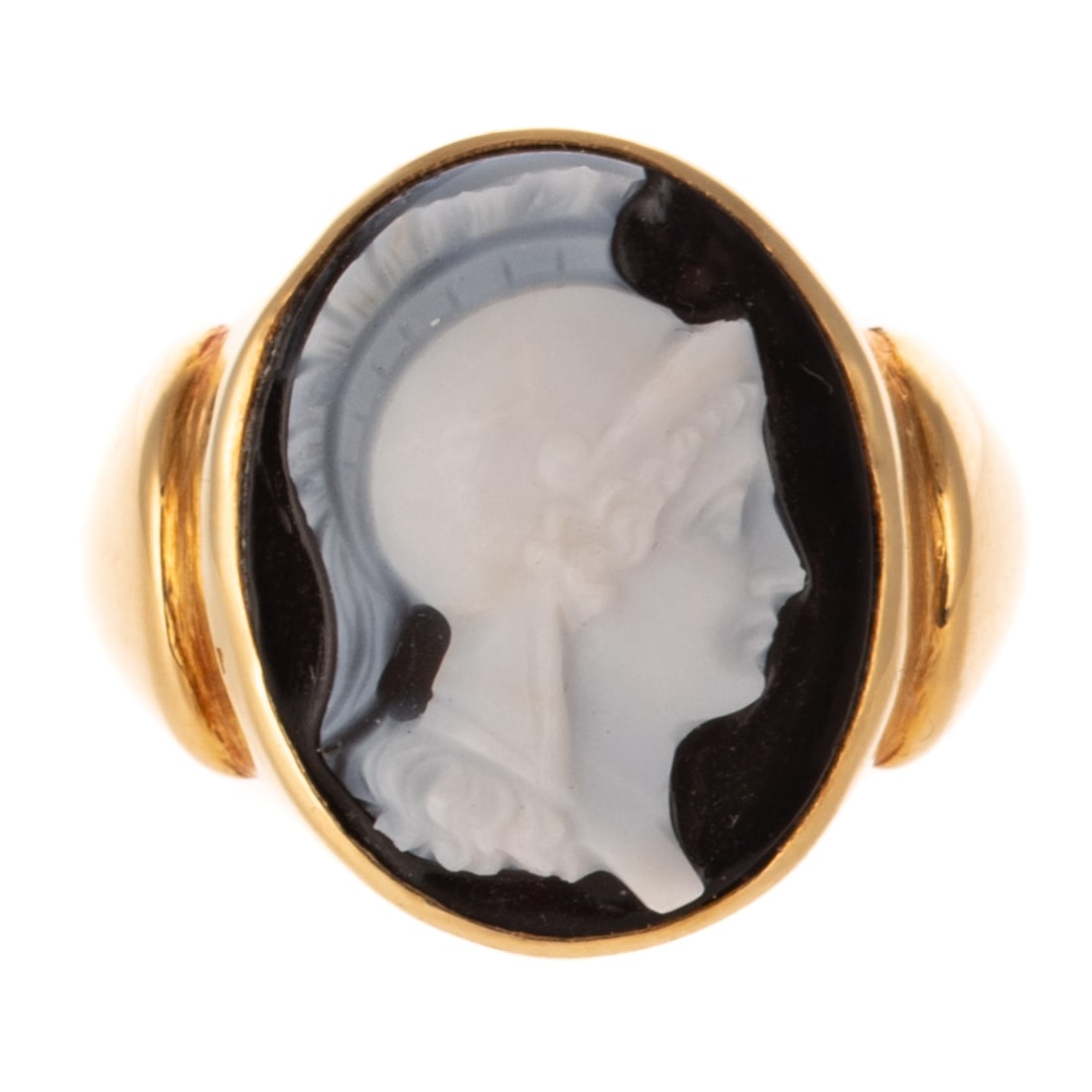 A Sardonyx Cameo Ring in 18K: 18K yellow gold ring featuring an oval carved sardonyx cameo of a Centurion in profile right, bezel set, sz 7.75, 10.9 grams Provenance: From a Baltimore estate