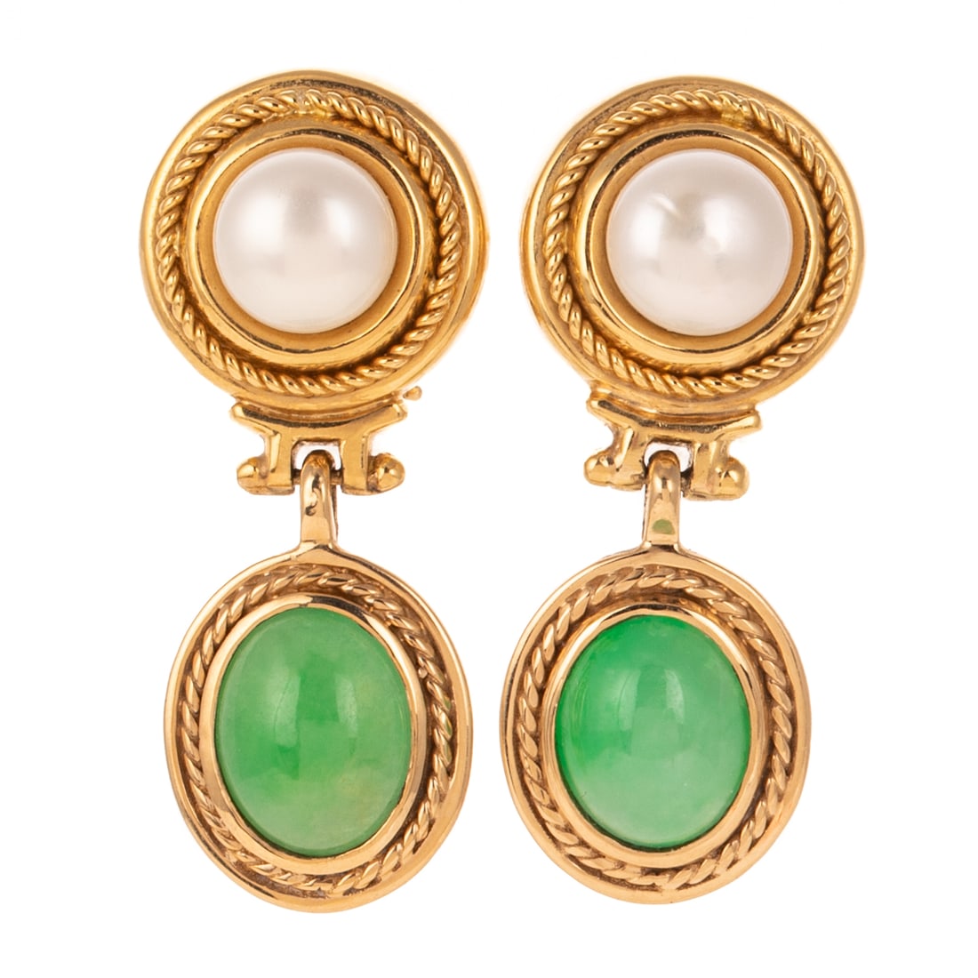 A Pair of Jade & FW Pearl Earrings in 14K: 14K yellow gold top and drop earrings featuring FWP with twisted frame and oval jade at the bottom with twisted frame, posts with Omega backs, 1 1/2 in. L, 13 grams Provenance: From a Baltimore estate