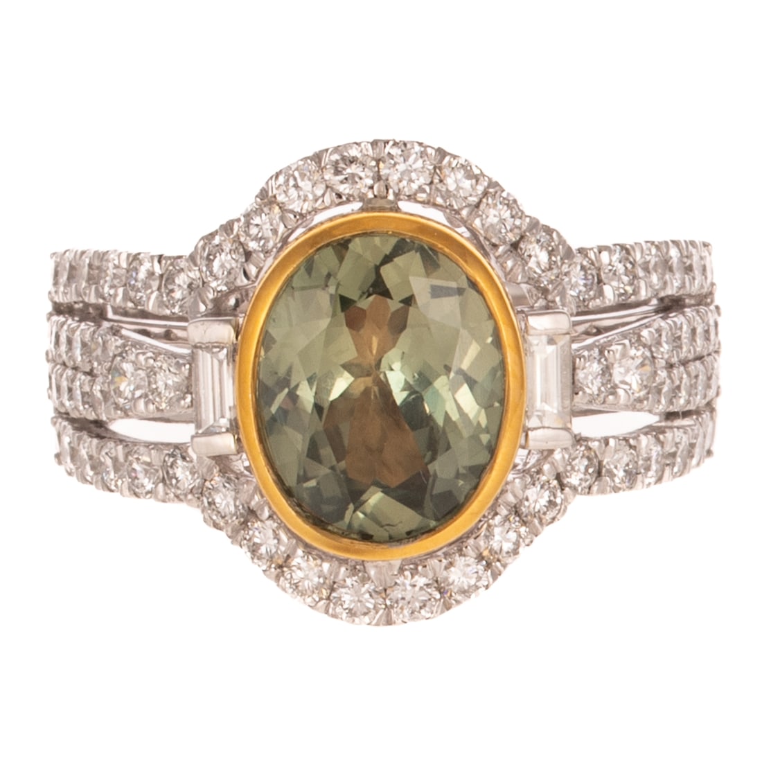 A GIA Alexandrite & Diamond Ring in Platinum & 18K: Platinum ring by Aaron Gottlieb featuring an oval shaped alexandrite weighing approx. 2.44 carats with yellowish green to brownish yellow color change, accompanied by GIA Gemological Report #223583789