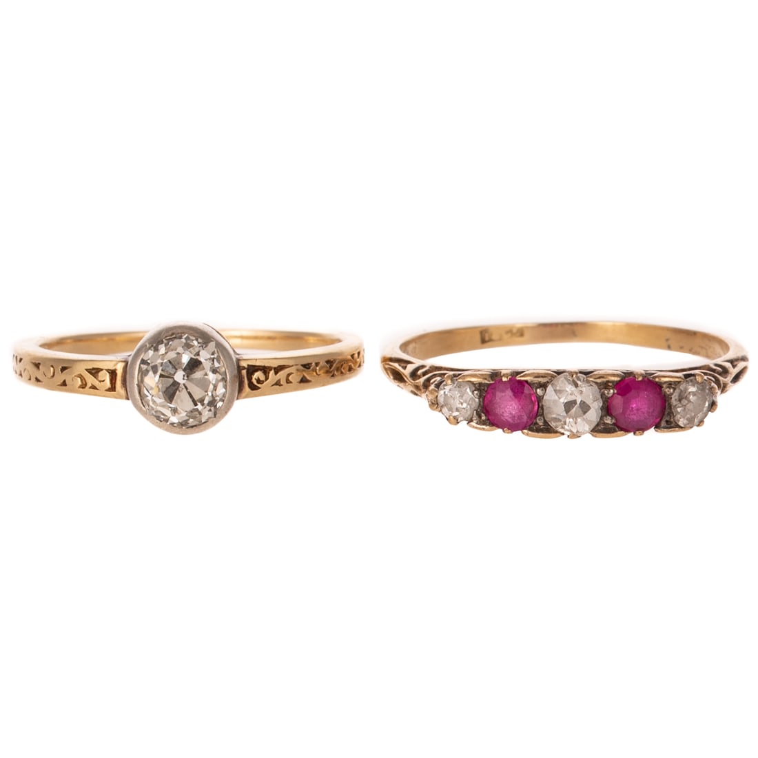 A Ruby & Diamond Ring in 18K & Diamond Ring in 14K: 1) 18K yellow gold five stone filigree ring featuring alternating Old Mine cut diamonds weighing approx. 0.40 ctw and round rubies weighing approx. 0.50 ctw, sz 8.75, and 2) Victorian 14K yellow gold 