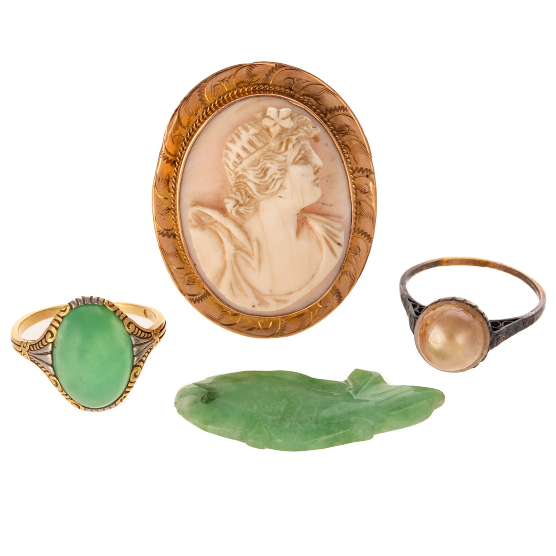 A Pair of Gemstone Rings, Cameo Brooch & Pendant in Gold & Sterling Silver (1 of 4)