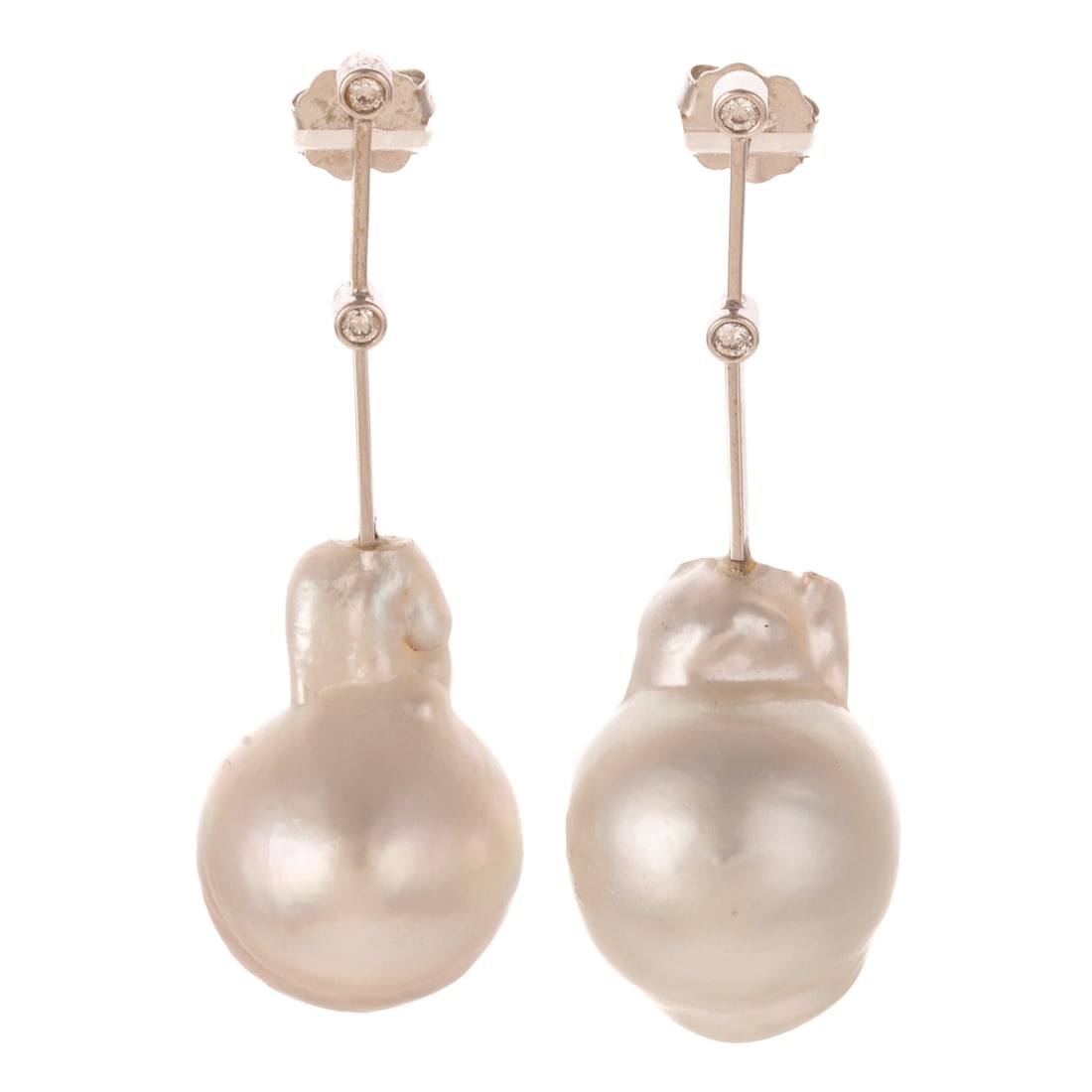 A Pair of Baroque Pearl & Diamond Earrings in 14K: 14K white gold dangle earrings featuring baroque pearls measuring 16 x 22 mm with high lustre and diamonds set in the linear bar, posts with friction backs, 1 3/4 in. L, 15.6 grams, including Buckar, 