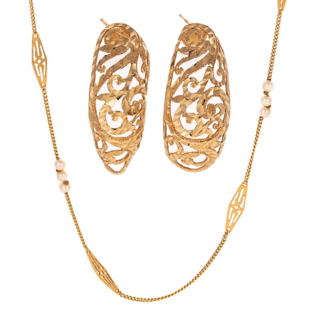 A Seed Pearl & Filigree Necklace in 18K & Hoops in 14K: 1) 18K yellow gold Italian seed pearl and filigree station necklace with curb links, 24 in. L, and 2) 14K yellow gold filigree half hoops with bright cut details, posts, 1 1/8 in. L, 8.4 grams tw