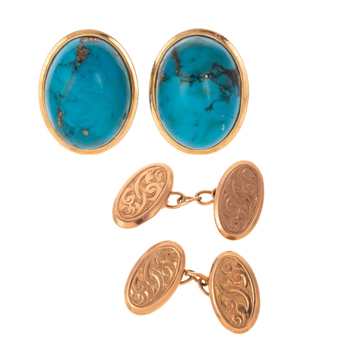 A Pair of Turquoise Earrings in 14K & Cufflinks in 9K (1 of 4)