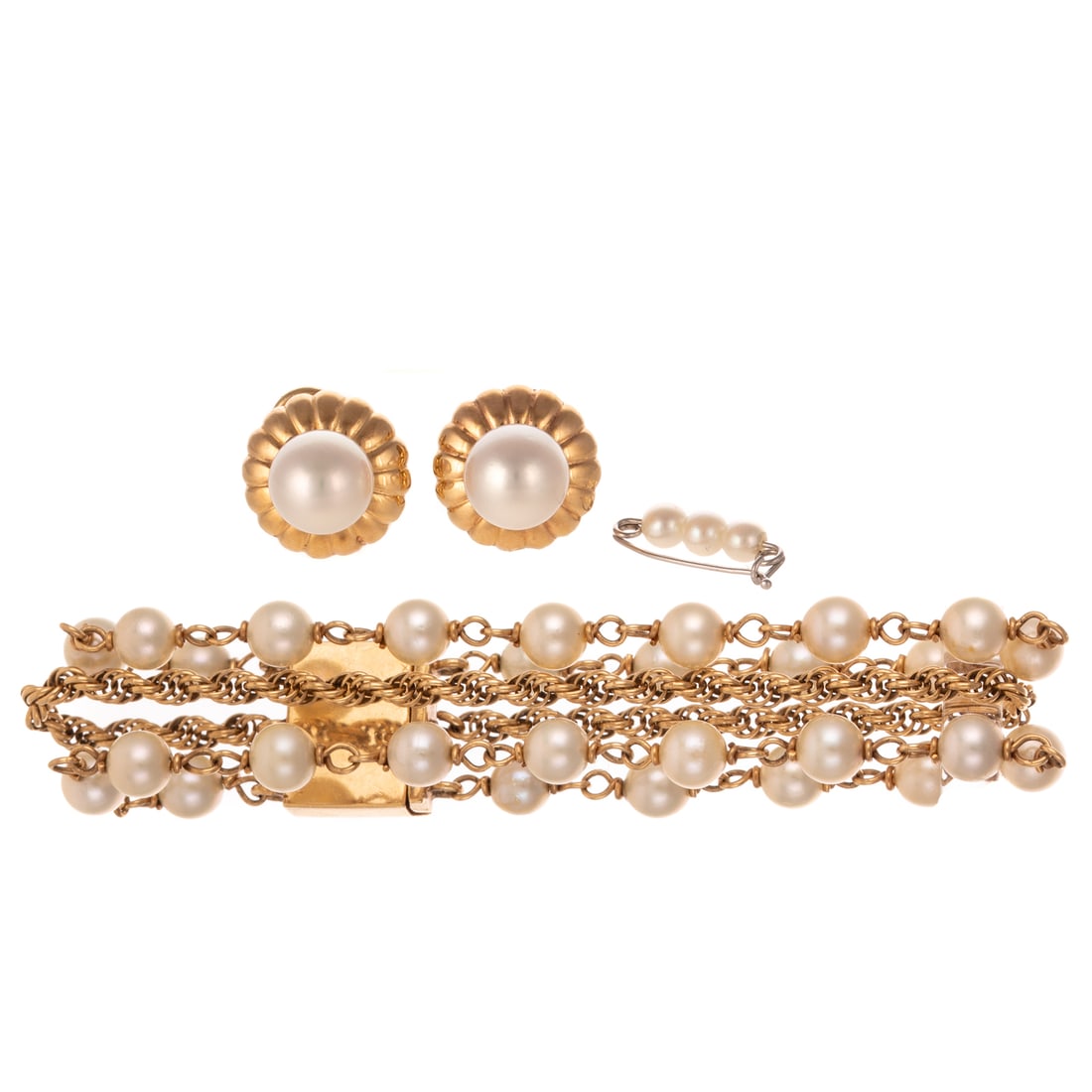 A Triple Strand Pearl Bracelet, Earrings & Pin in 14K: 1) 14K yellow gold triple strand bracelet featuring two strands of pearls measuring approx. 5.5 mm and a central gold rope, foliate engraved box clasp, 7 in. L, 2) 14K yellow gold earrings with a cent