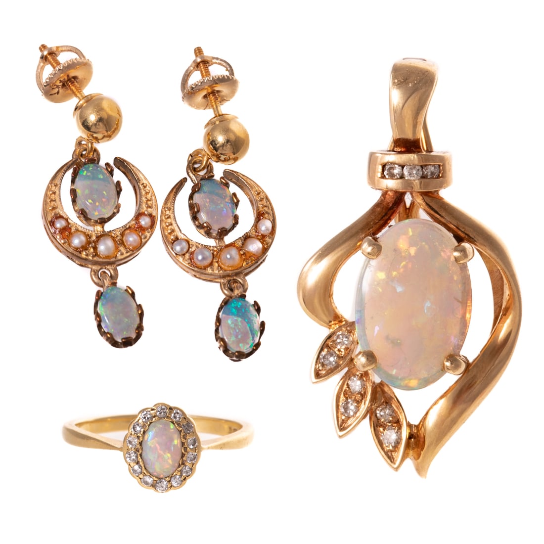 An Opal & Diamond Ring, Enhancer & Earrings in 18K & 14K: 1) 1989, 18K yellow gold ring featuring an oval cabochon opal measuring 6 x 4.3 mm bead set with diamond halo, tapered shank, with British hallmarks, sz 7.5, 2) 14K yellow gold enhancer with an oval c