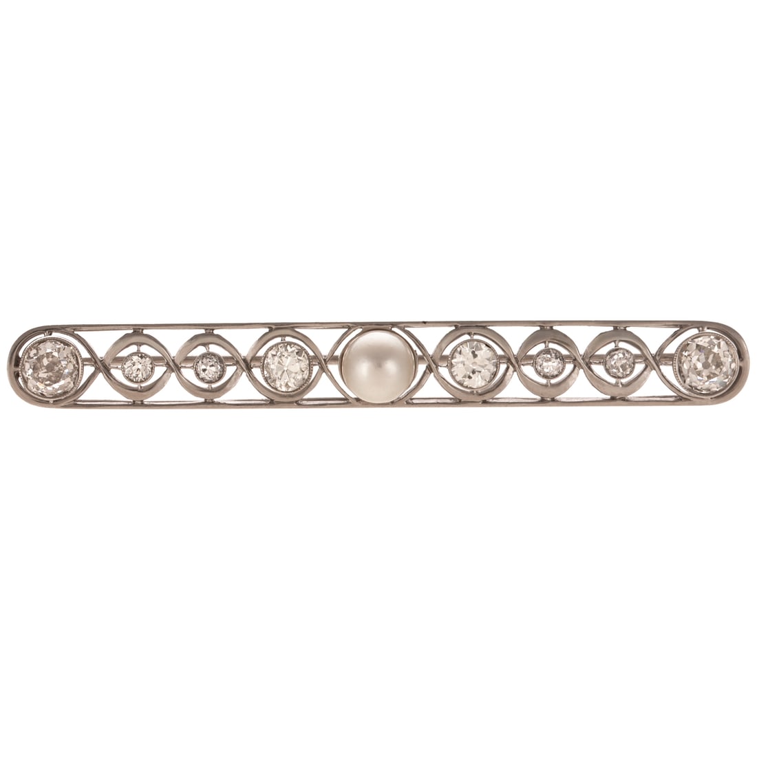 An Art Deco Diamond & Pearl Bar Pin in Platinum: c.1910, platinum bar pin featuring eight Old European cut diamonds weighing approx. 2.10 ctw with an average color grade of H - J and an average clarity grade of VS, with a 6.4 mm cultured Akoya