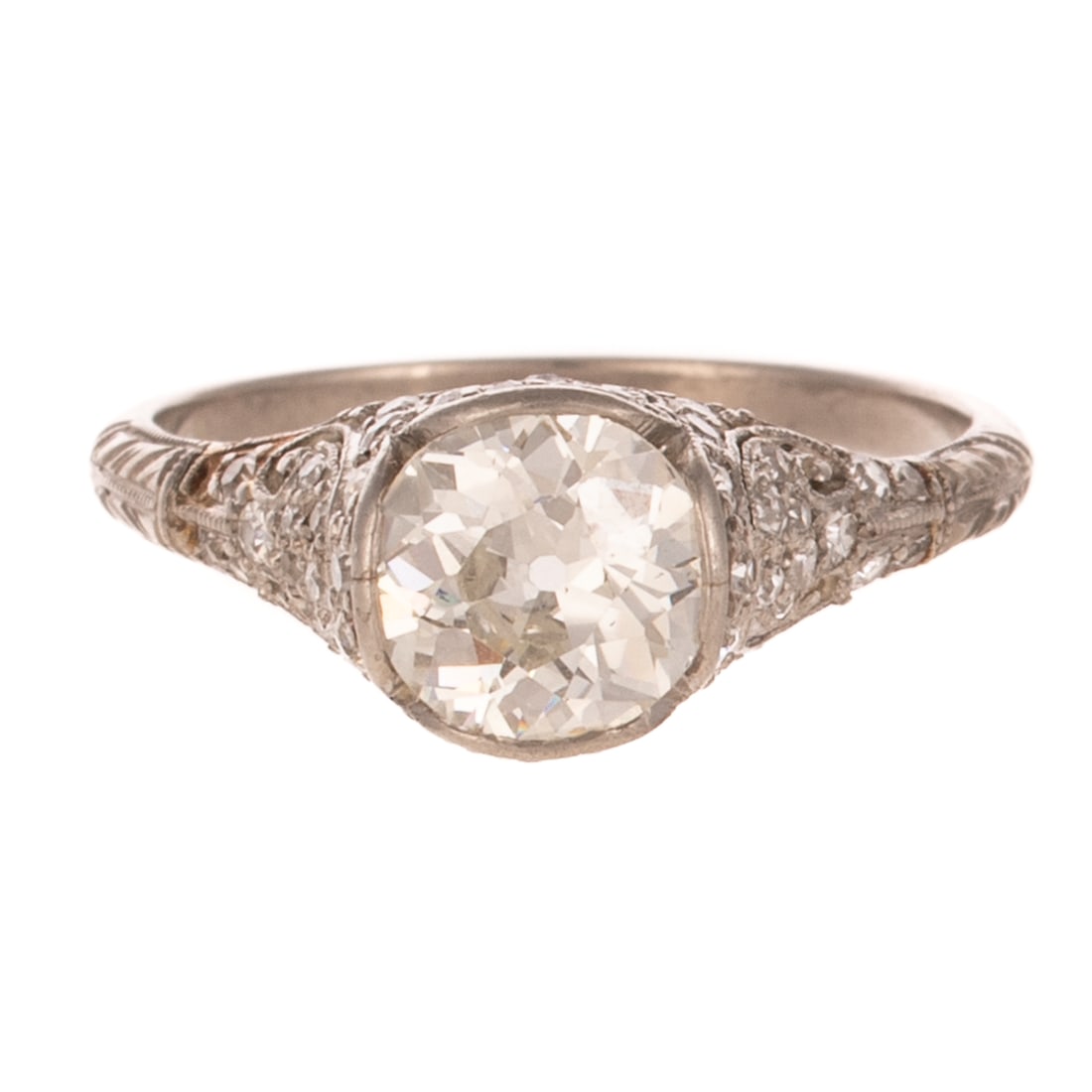 An Art Deco 1.34 ct Diamond Filigree Ring in Platinum: c.1915, platinum filigree ring featuring an Old European cushion cut diamond weighing approx. 1.34 carats with an average color grade of I - J and an average clarity grade of VS, set in center of bead