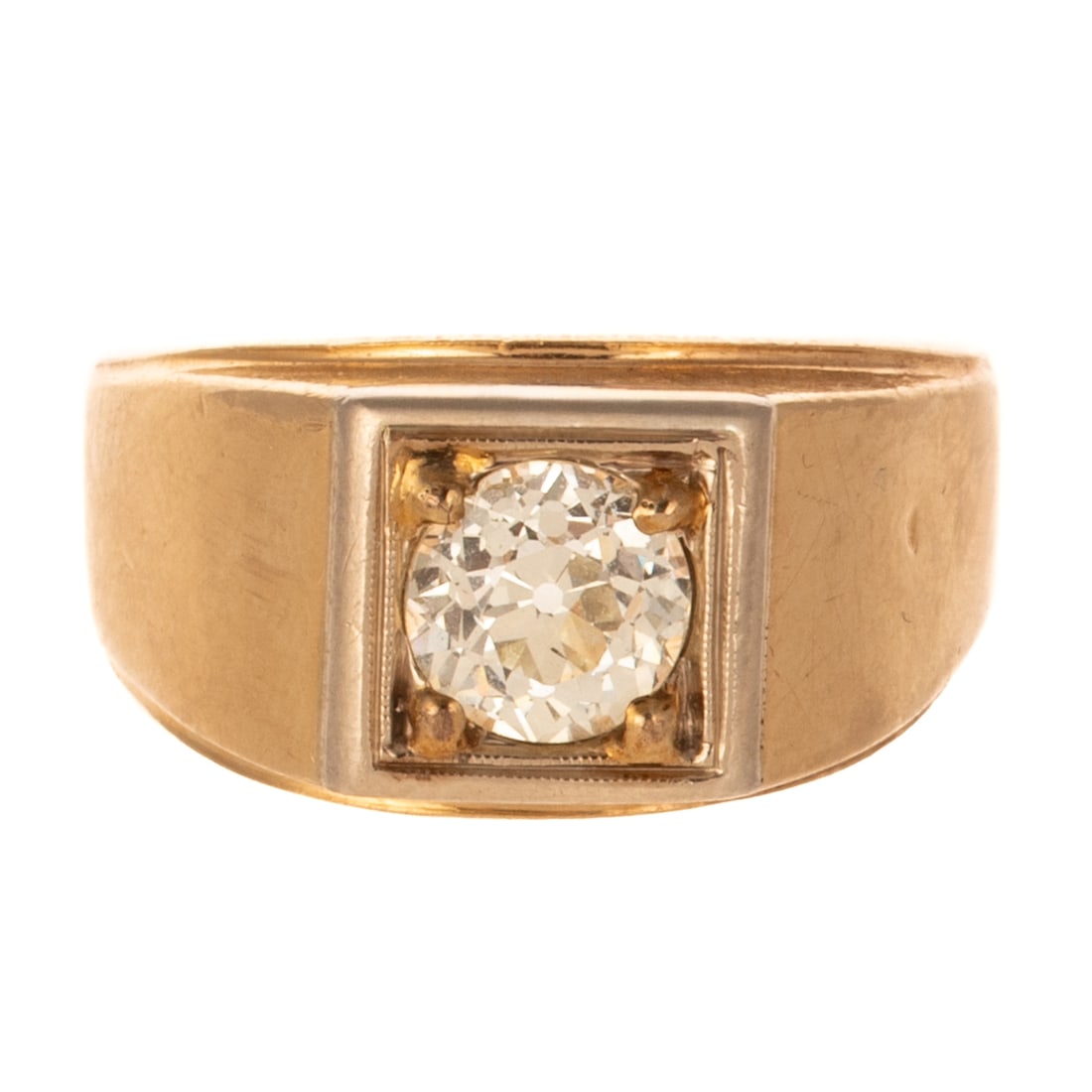 A 1.30 ct Old European Cut Diamond Ring in 14K: 14K yellow gold ring featuring an Old European cut diamond weighing approx. 1.30 cts with an average color grade of O - P and an average clarity grade of VS, set in an illusion mounting, sz 10.5, 6.6 