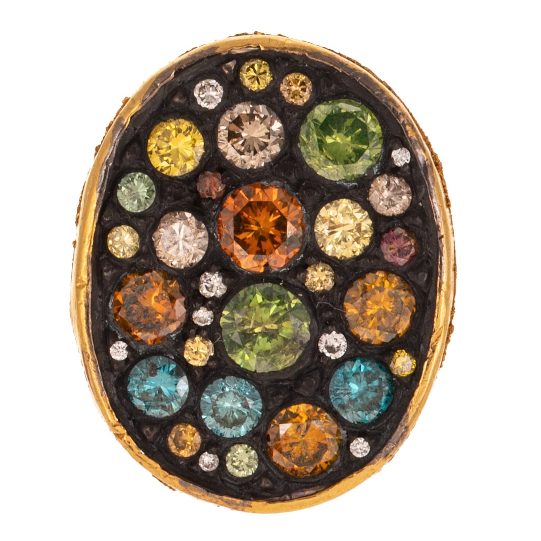 A Multi-Colored Diamond Ring Top in 18K: 18K bi-colored gold ring top featuring a cluster of white, orange, green, blue, yellow, and pink round diamonds bead set into an oxidized disk framed by yellow gold, all diamonds weighing approx. 1.25