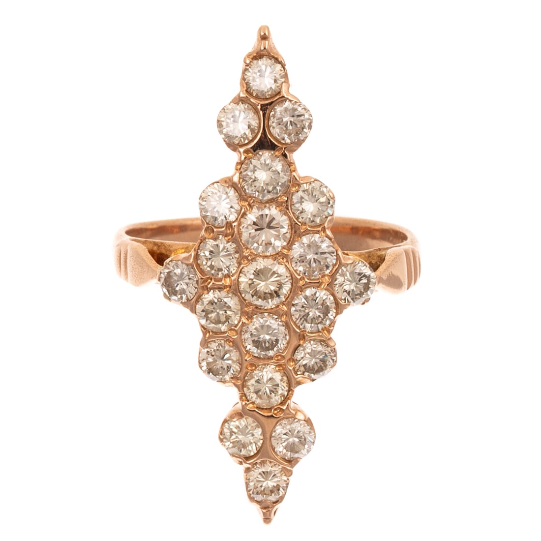 A Elongated Diamond Cluster Ring in 14K: 14K yellow gold ring featuring an elongated cluster of round diamonds weighing approx. 2.25 ctw with an average color grade of I - J and an average clarity grade of VS - SI bead set, signed, sz 6.25, 